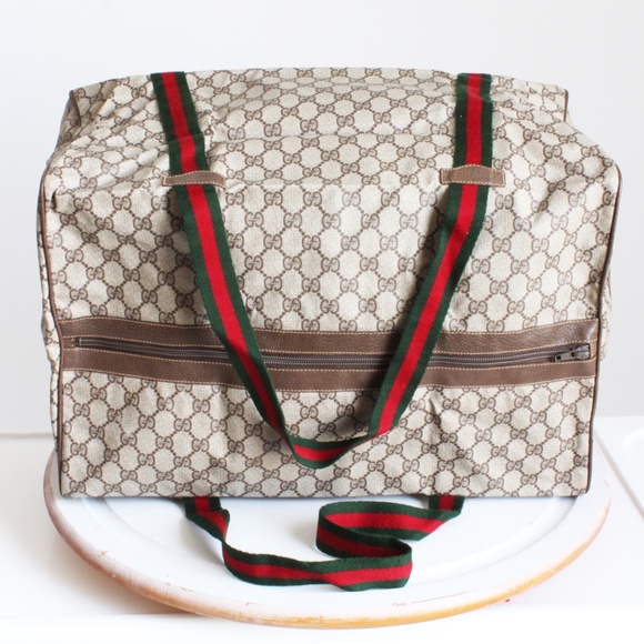 Gucci Duffle Bag GG Logo Canvas Brown Leather Trim Folding Travel Carry On 80s - Picture 11 of 15